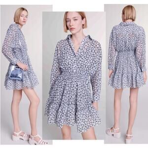 MAJE Flared Floral Gauze Mini Skater Dress Coquette Flirty Boho Cocktail Blue